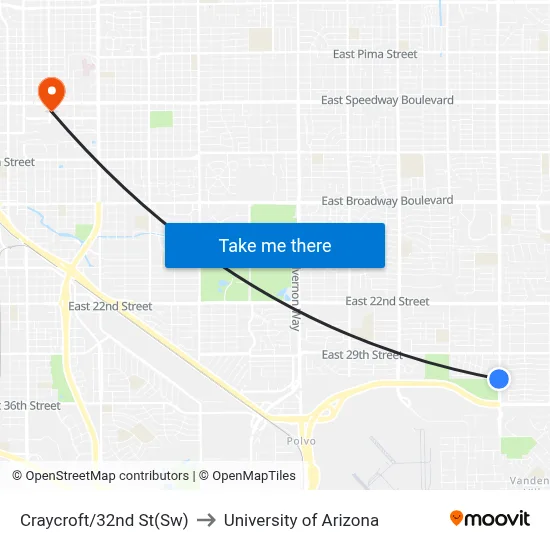 Craycroft/32nd St(Sw) to University of Arizona map