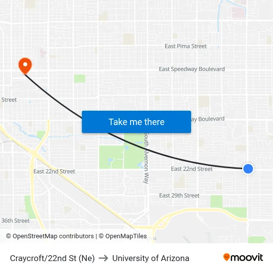 Craycroft/22nd St (Ne) to University of Arizona map