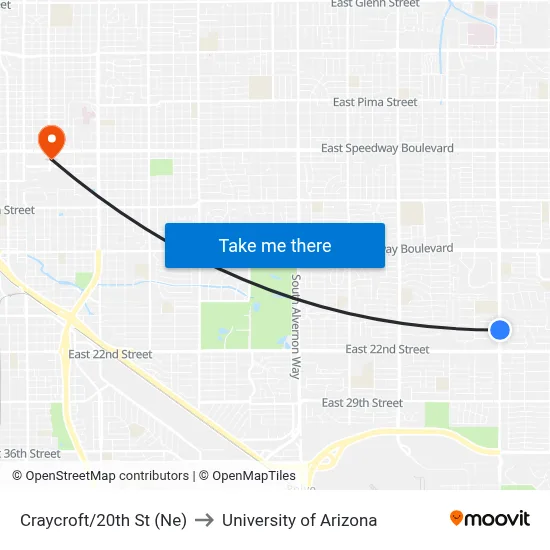 Craycroft/20th St (Ne) to University of Arizona map
