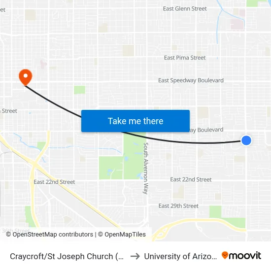 Craycroft/St Joseph Church (Ne) to University of Arizona map