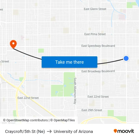 Craycroft/5th St (Ne) to University of Arizona map