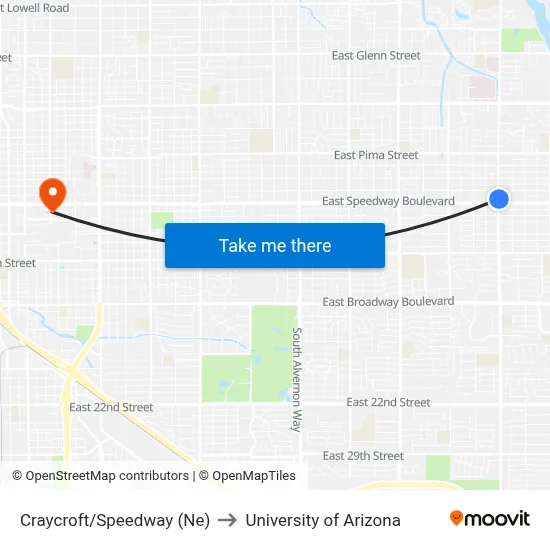 Craycroft/Speedway (Ne) to University of Arizona map