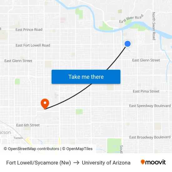 Fort Lowell/Sycamore (Nw) to University of Arizona map
