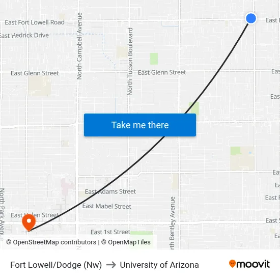 Fort Lowell/Dodge (Nw) to University of Arizona map