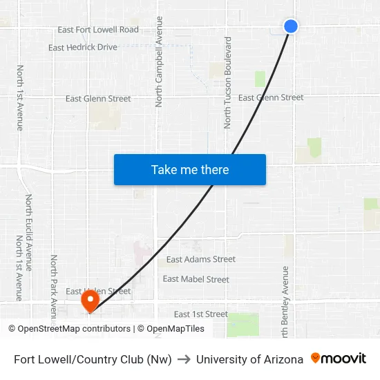 Fort Lowell/Country Club (Nw) to University of Arizona map