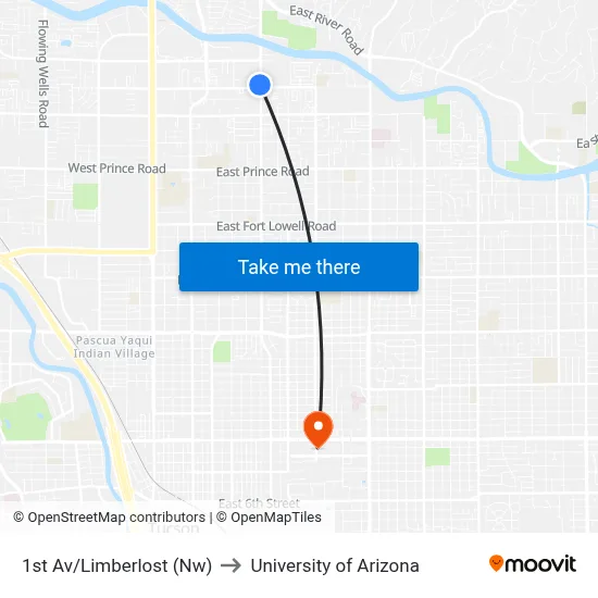 1st Av/Limberlost (Nw) to University of Arizona map