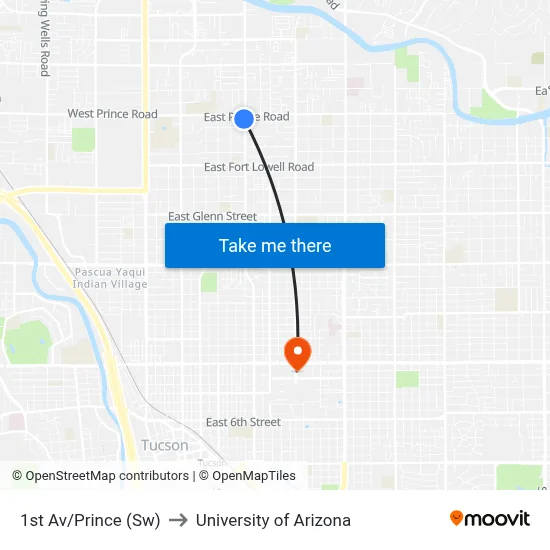 1st Av/Prince (Sw) to University of Arizona map