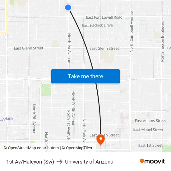 1st Av/Halcyon (Sw) to University of Arizona map