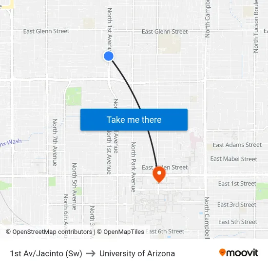 1st Av/Jacinto (Sw) to University of Arizona map
