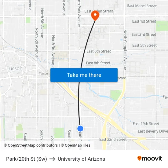 Park/20th St (Sw) to University of Arizona map