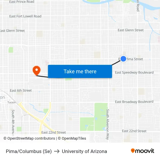 Pima/Columbus (Se) to University of Arizona map
