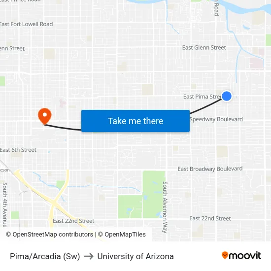 Pima/Arcadia (Sw) to University of Arizona map