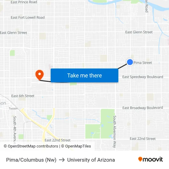 Pima/Columbus (Nw) to University of Arizona map