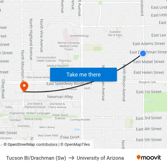 Tucson Bl/Drachman (Sw) to University of Arizona map