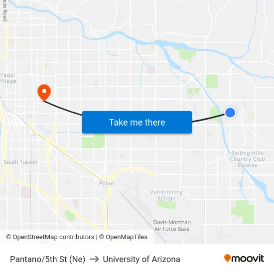 Pantano/5th St (Ne) to University of Arizona map