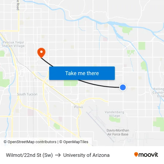Wilmot/22nd St (Sw) to University of Arizona map
