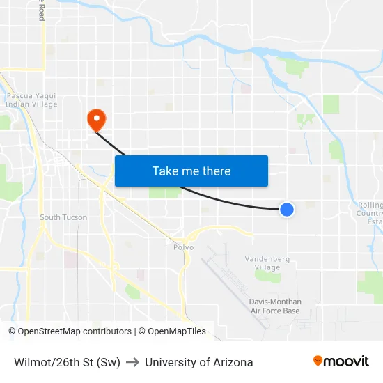 Wilmot/26th St (Sw) to University of Arizona map