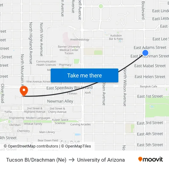 Tucson Bl/Drachman (Ne) to University of Arizona map