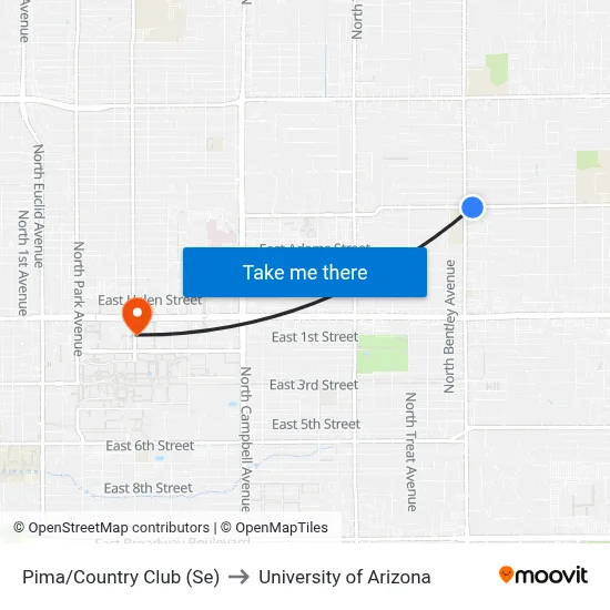 Pima/Country Club (Se) to University of Arizona map