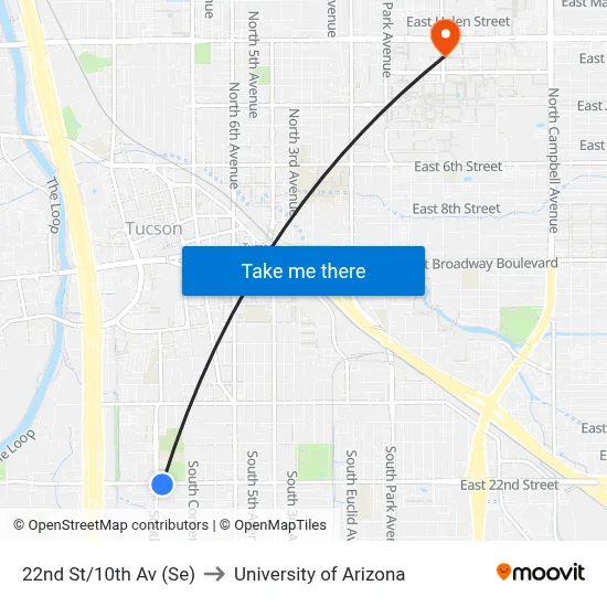 22nd St/10th Av (Se) to University of Arizona map