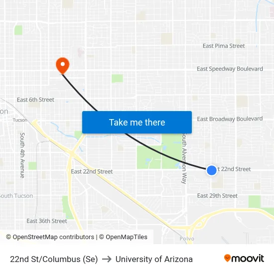 22nd St/Columbus (Se) to University of Arizona map