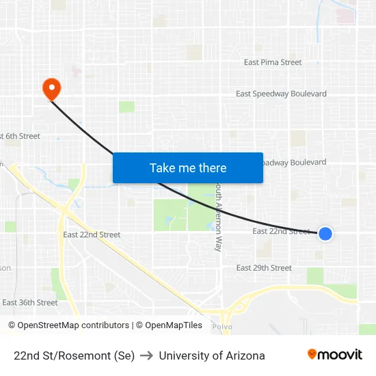 22nd St/Rosemont (Se) to University of Arizona map