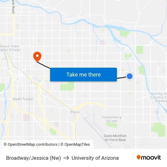 Broadway/Jessica (Nw) to University of Arizona map