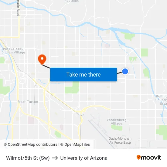 Wilmot/5th St (Sw) to University of Arizona map