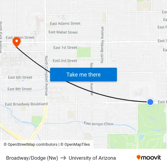 Broadway/Dodge (Nw) to University of Arizona map