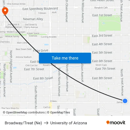 Broadway/Treat (Ne) to University of Arizona map