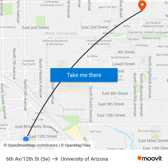 6th Av/12th St (Se) to University of Arizona map