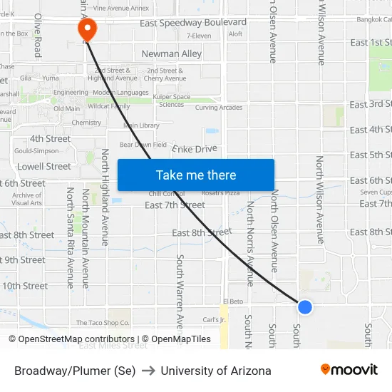 Broadway/Plumer (Se) to University of Arizona map