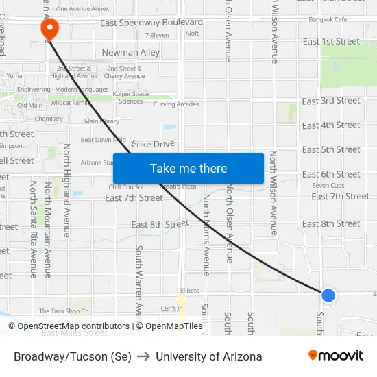 Broadway/Tucson (Se) to University of Arizona map