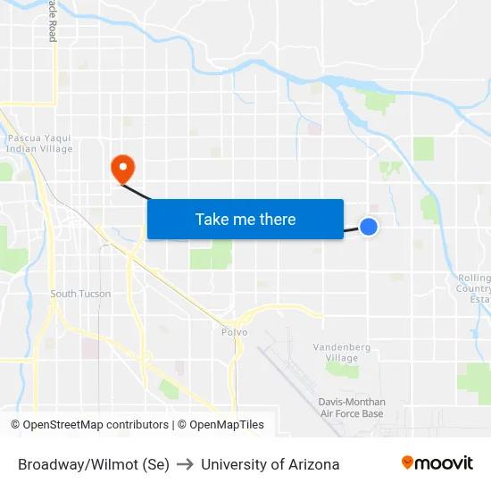Broadway/Wilmot (Se) to University of Arizona map