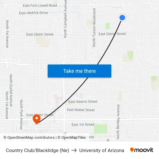 Country Club/Blacklidge (Ne) to University of Arizona map