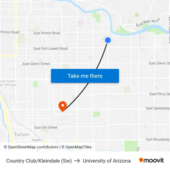 Country Club/Kleindale (Sw) to University of Arizona map
