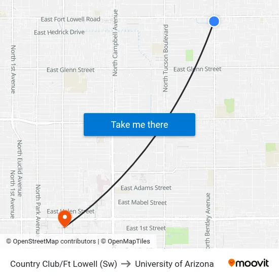 Country Club/Ft Lowell (Sw) to University of Arizona map