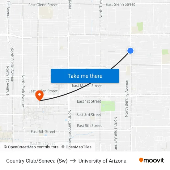 Country Club/Seneca (Sw) to University of Arizona map