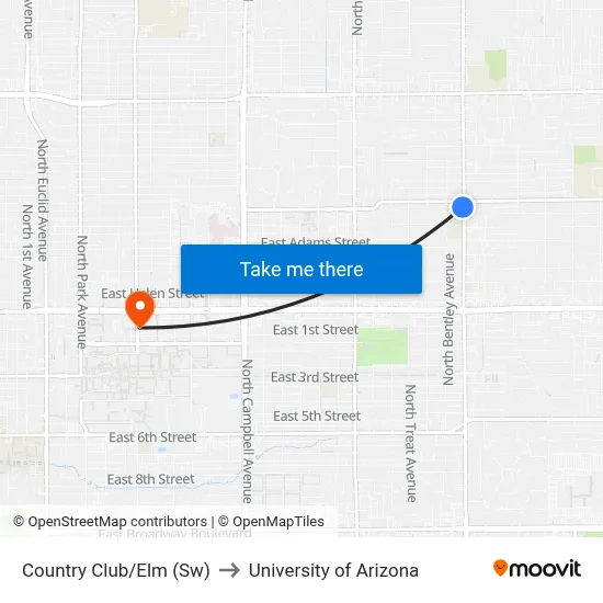 Country Club/Elm (Sw) to University of Arizona map
