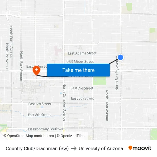 Country Club/Drachman (Sw) to University of Arizona map