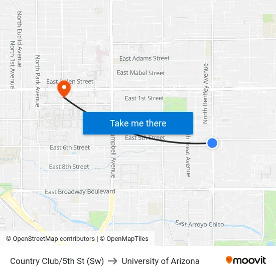 Country Club/5th St (Sw) to University of Arizona map