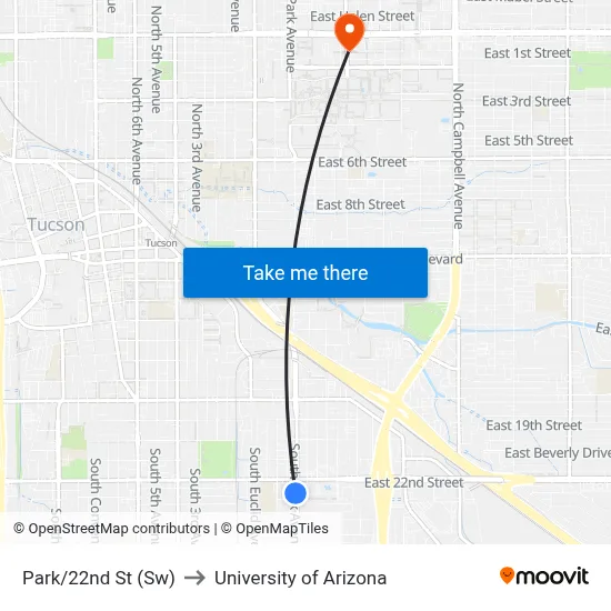 Park/22nd St (Sw) to University of Arizona map