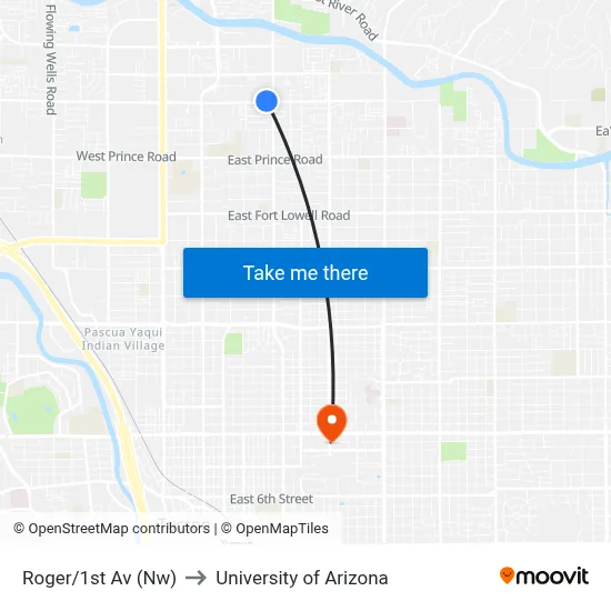 Roger/1st Av (Nw) to University of Arizona map