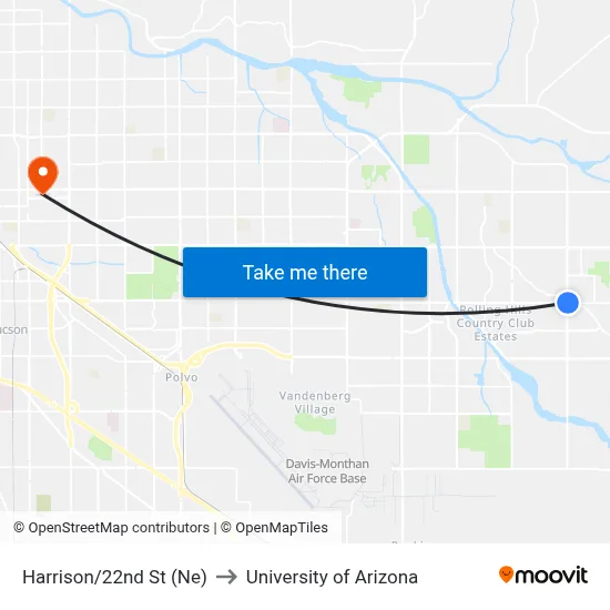 Harrison/22nd St (Ne) to University of Arizona map