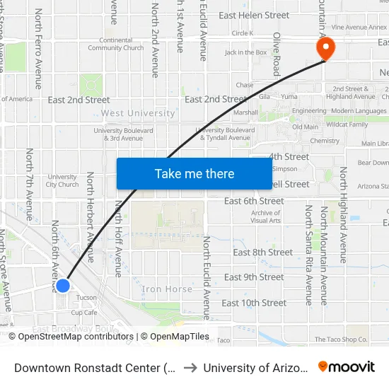 Downtown Ronstadt Center (A) to University of Arizona map