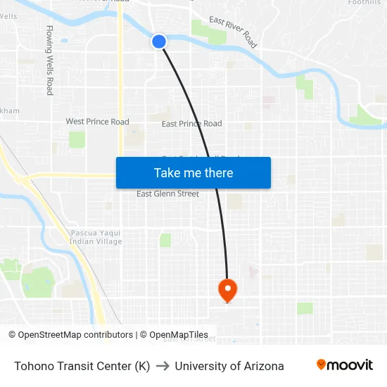 Tohono Transit Center (K) to University of Arizona map