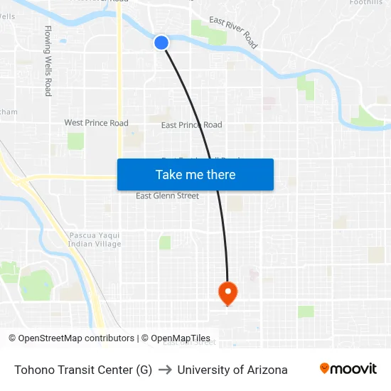 Tohono Transit Center (G) to University of Arizona map
