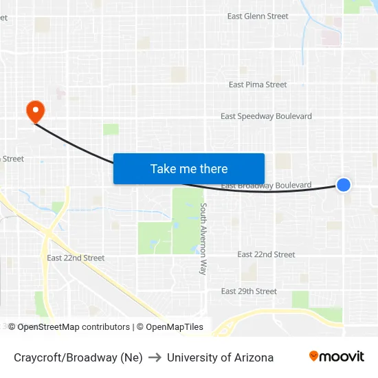 Craycroft/Broadway (Ne) to University of Arizona map