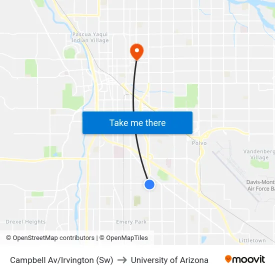 Campbell Av/Irvington (Sw) to University of Arizona map