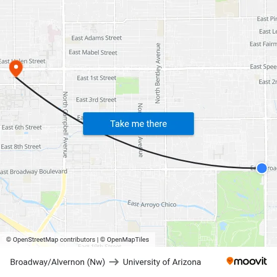 Broadway/Alvernon (Nw) to University of Arizona map